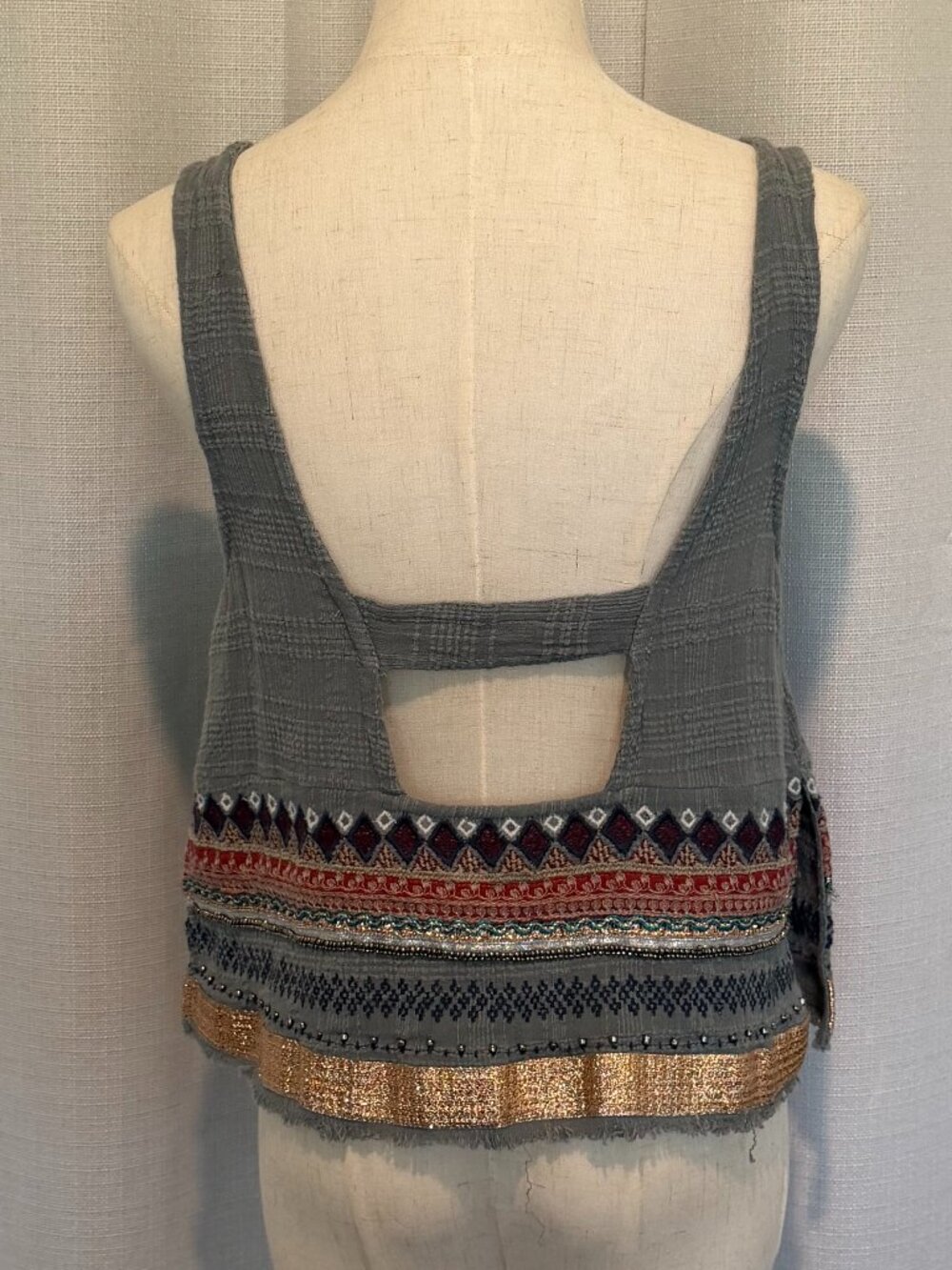 Ecote Boho Embellished Cotton Tank - Green & Gold Festival Top S - Picture 4 of 10